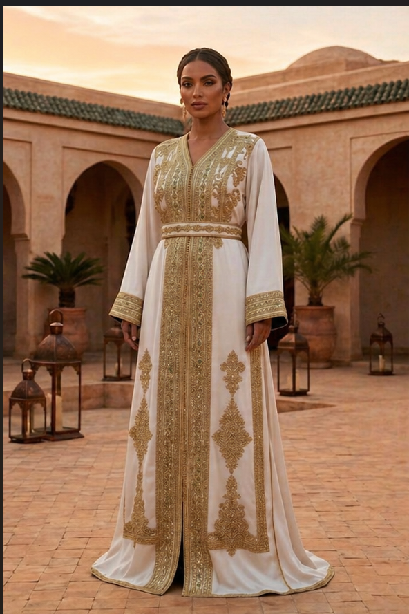Caftan Blanc Royal 2 Pièces Brodé Or – Élégance & Raffinement