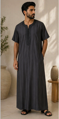 Qamis / Gandoura Homme Noir Élégant – Col Brodé Minimaliste