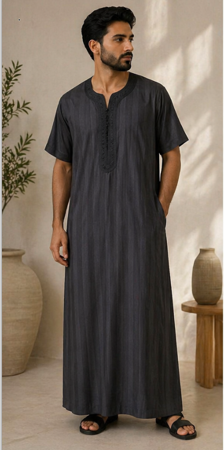 Qamis / Gandoura Homme Noir Élégant – Col Brodé Minimaliste