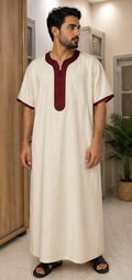 Gandoura Homme Beige & Bordeaux – Style Élégant et Confort Quotidien