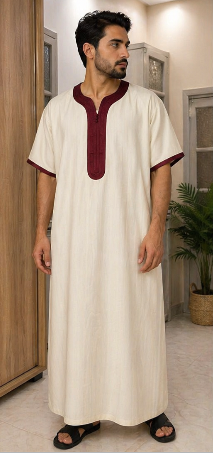 Gandoura Homme Beige & Bordeaux – Style Élégant et Confort Quotidien