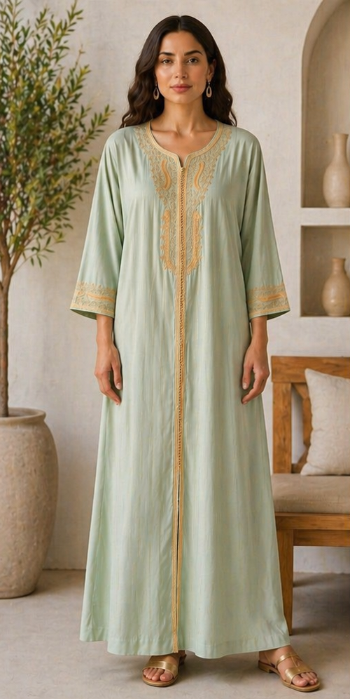 Gandoura Caftan Élégante Vert Menthe – Broderie Artisanale Dorée