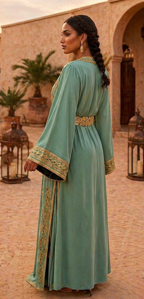Caftan Vert Élégance 2 Pièces Brodé Or – Collection Luxe Nasri