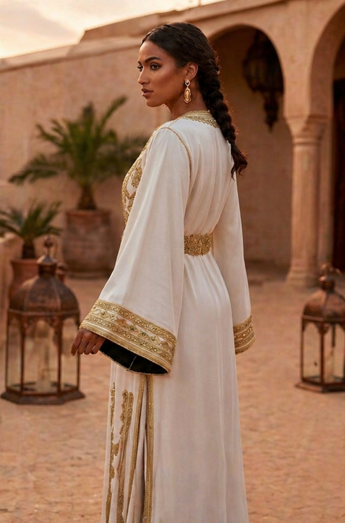Caftan Blanc Royal 2 Pièces Brodé Or – Élégance & Raffinement