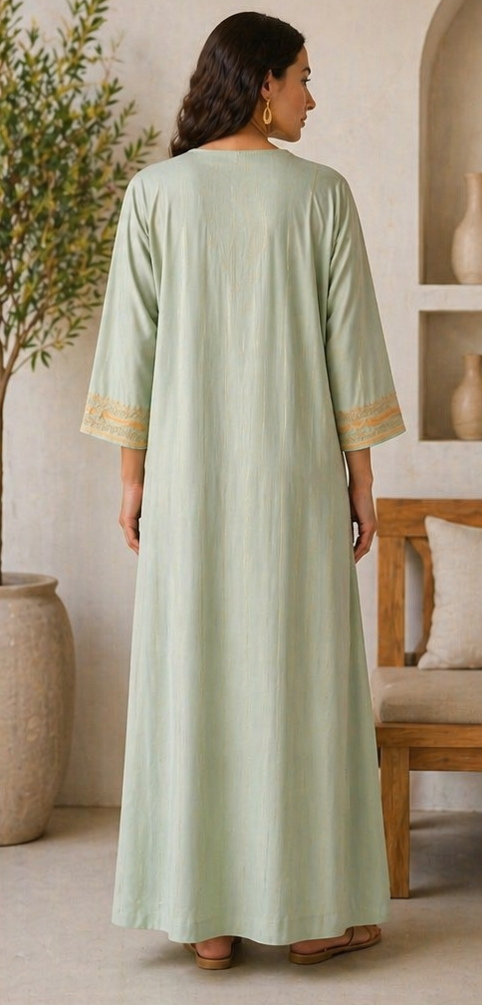 Gandoura Caftan Élégante Vert Menthe – Broderie Artisanale Dorée