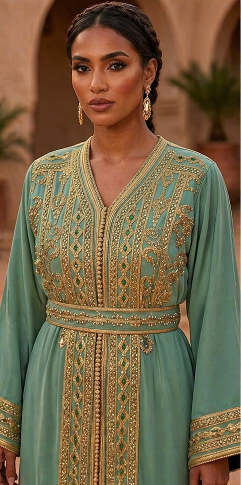 Caftan Vert Élégance 2 Pièces Brodé Or – Collection Luxe Nasri