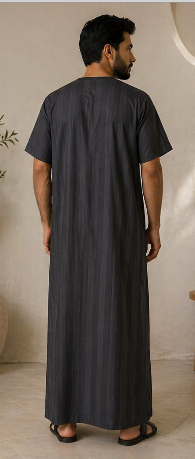 Qamis / Gandoura Homme Noir Élégant – Col Brodé Minimaliste