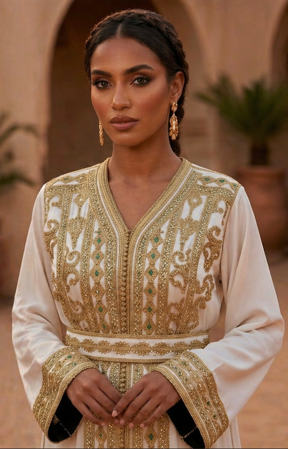 Caftan Blanc Royal 2 Pièces Brodé Or – Élégance & Raffinement