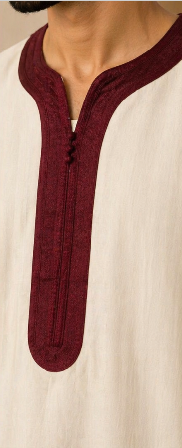 Gandoura Homme Beige & Bordeaux – Style Élégant et Confort Quotidien