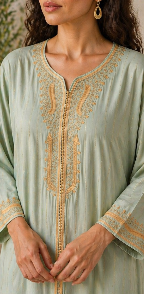 Gandoura Caftan Élégante Vert Menthe – Broderie Artisanale Dorée