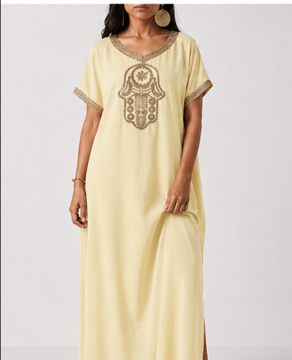 Gandoura Caftan Femme en Coton de Qualité - Style Marrakech Bohème, Kaftan, Marocain, Taille Standard